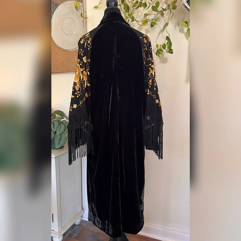 Free People Bali Rosalina Duster, Black Velvet, Gold Embroidery, Fringe Sleeves - Picture 4 of 9